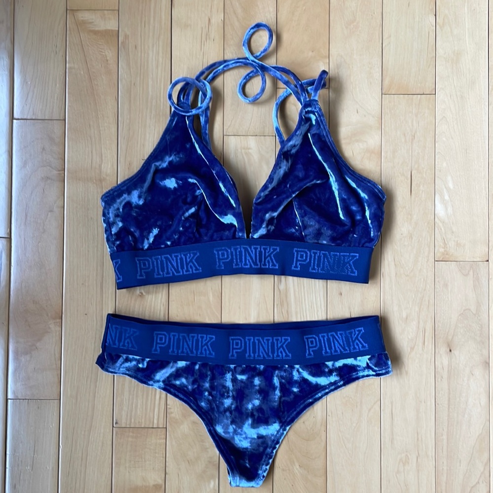 PINK Crushed Velvet Purple Bralette & Thong Small